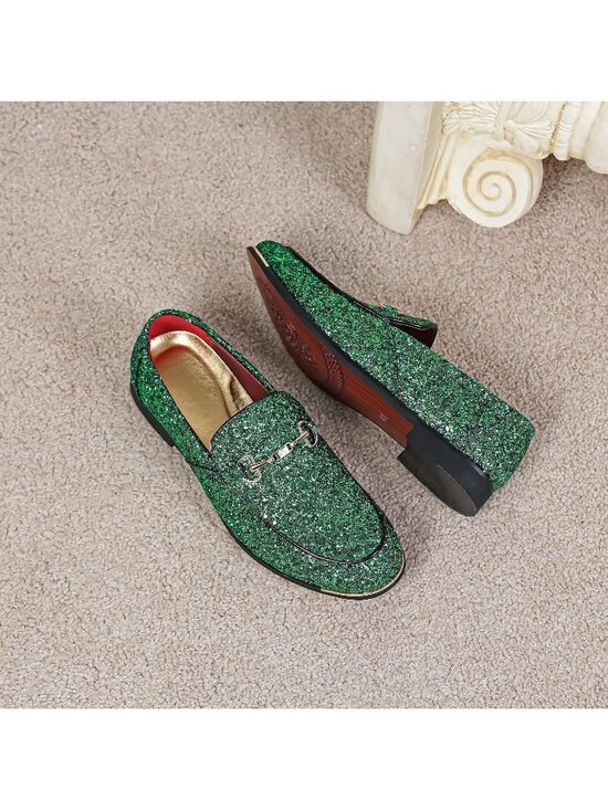 Men\'s Green Rubber Velvet Leather Glitter With Gold Buckle Loafers Slip On Shoes main image 4